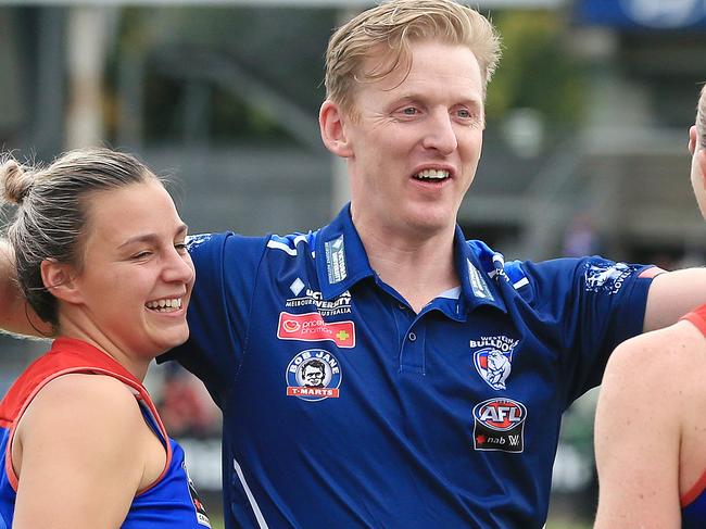 2018 NAB AFL WomenÕs Grand Final between the Western Bulldogs and the Brisbane Lions at Ikon Park, Melbourne. Coach Paul Groves celebrates the win. Picture: Mark Stewart