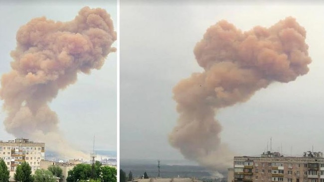 A noxious cloud rises over Severodonetsk after a nitric acid tank was struck by Russian forces. Picture: Twitter