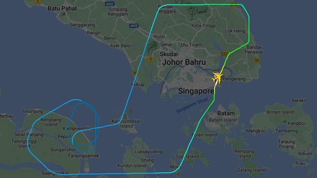 Qantas flight QF1 which returned to Singapore early Monday after a hydraulics issue and burst three tyres on landing. Picture: Flightradar24