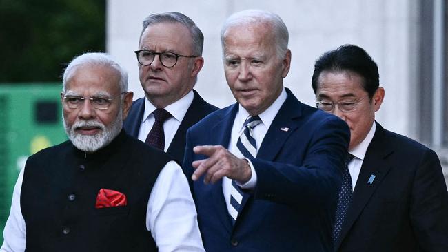 US President Joe Biden with Indian Prime Minister Narendra Modi, Australian Prime Minister Anthony Albanese and Japanese Prime Minister Fumio Kishida at the Quadrilateral Summit in Wilmington, Delaware on Sunday. Picture: Brendan Smialowski / AFP