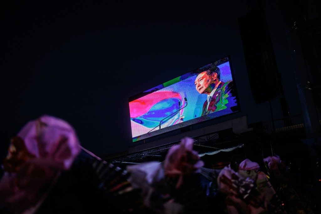 A screen installed by supporters of impeached South Korean President Yoon Suk Yeol displays his image near his residence in Seoul