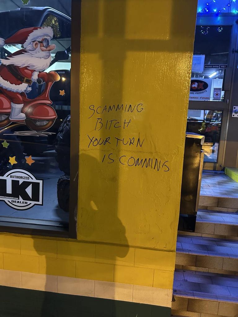 Tony Ramon Paul Drew, 70, pleaded guilty in the Ingham Magistrates Court on Thursday to wilful damage by graffiti against innocent business Ingham Motorcycles and Mowers. Picture: Supplied