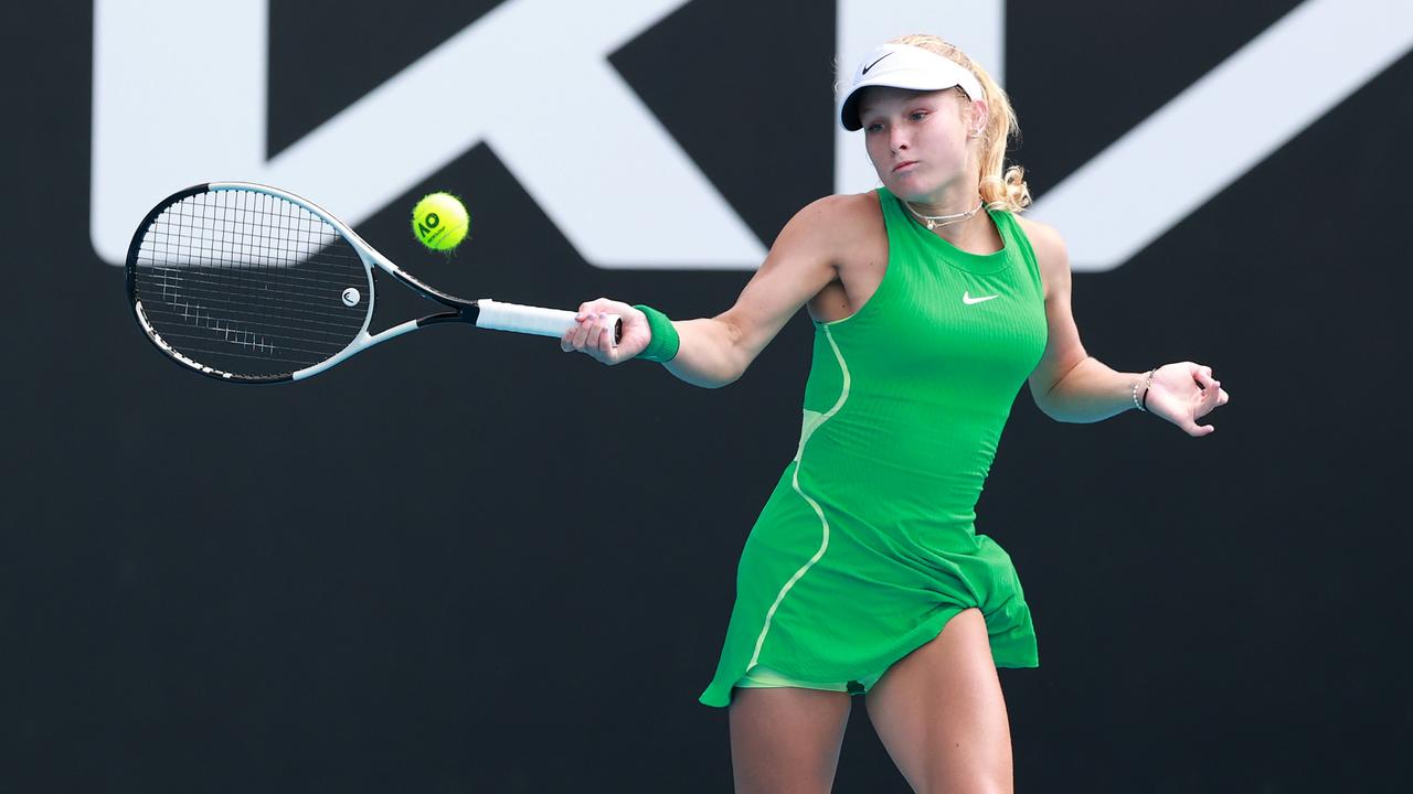 Emerson Jones of Australia competes against Daria Egorova in their first round singles match during the 2024 Australian Open Junior Championships at Melbourne Park on January 21, 2024 in Melbourne, Australia. (Photo by Kelly Defina/Getty Images)