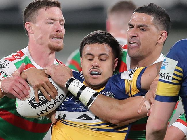 Haze Dunster of the Eels is tackled during the NRL Semi Final match between the Parramatta Eels and the South Sydney Rabbitohs at Bankwest Stadium on October 10, 2020 in Sydney, Australia. (Photo by Matt King/Getty Images)