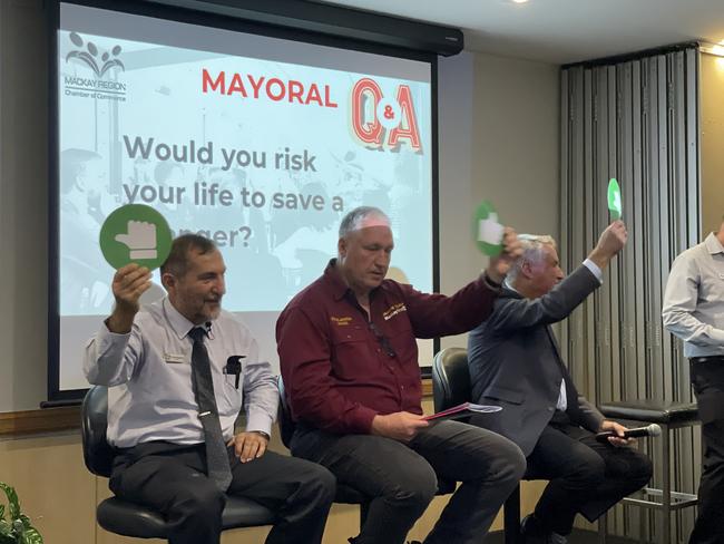 Laurence Bonaventura, Steve Jackson and incumbent mayor Greg Williamson in the yes/no portion of the Q&amp;A. Photo: Fergus Gregg