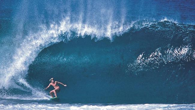 Wayne ‘Rabbit’ Bartholomew at Pipeline for Gold Coast author Chris Gudenswager’s new book Does the Ocean Love You Back.