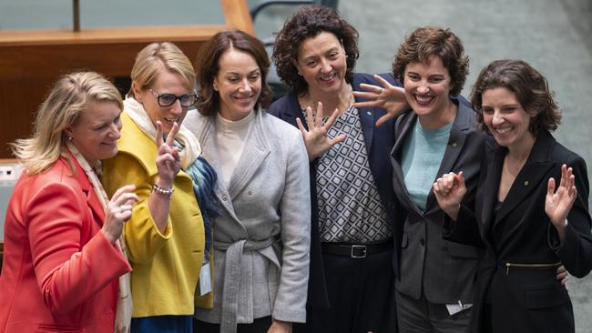 Independent MPs Kylea Tink, left, Zoe Daniel, Sophie Scamps, Monique Ryan, Kate Chaney and Allegra Spender amassed a $10 million war chest to oust six Liberal MPs. Picture: NCA NewsWire / Martin Ollman