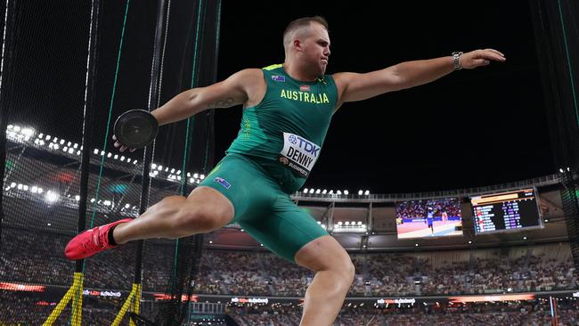 BUDAPEST, HUNGARY - AUGUST 21: Matthew Denny of Team Australia competes in the Men's Discus Throw Final during day three of the World Athletics Championships Budapest 2023 at National Athletics Centre on August 21, 2023 in Budapest, Hungary. (Photo by Patrick Smith/Getty Images)