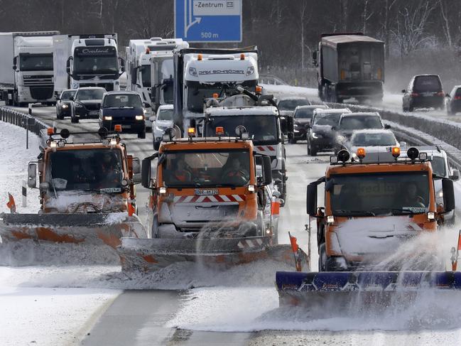 Snow plows remove snow from highway A19 near Rostock eastern Germany, Tuesday, Feb. 27, 2018. Picture: AP