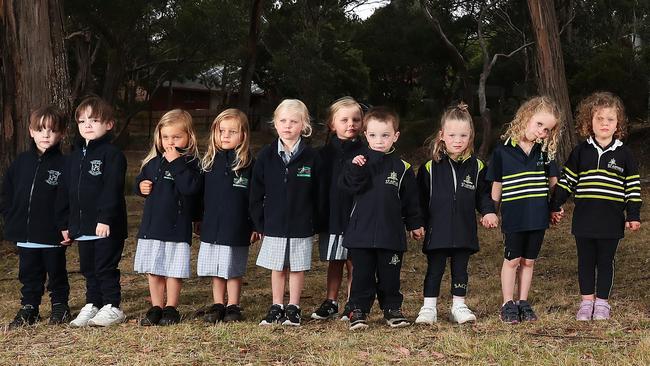 From left, Elliott and Flynn Stennings (Lindisfarne), Eva and Zoe Engelbrecht and Jessica and Annabel Freshney (Bellerive) and Henry and Lily Brown and Faith and Alia Cumine (St Aloysius). Picture: Nikki Davis-Jones