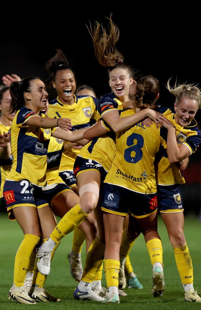 Mariners’ players celebrate their victory in the penalty shootout during the A-League Women Elimination Final match between Melbourne Victory and Central Coast Mariners. Picture: Jonathan DiMaggio/Getty Images