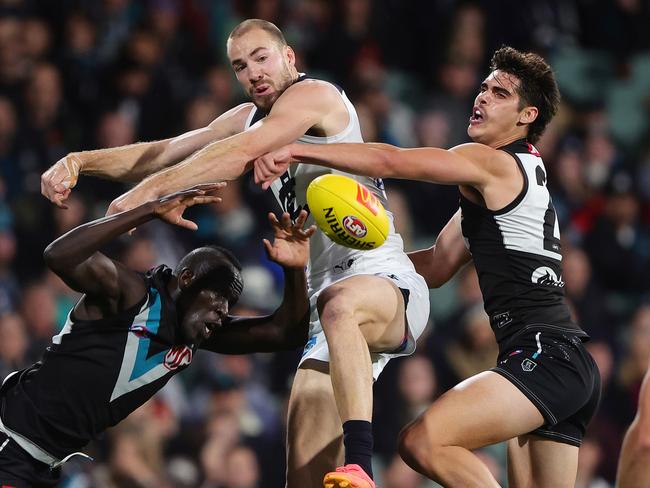 There are questions around the Power’s backline. Picture: Sarah Reed/AFL Photos via Getty Images