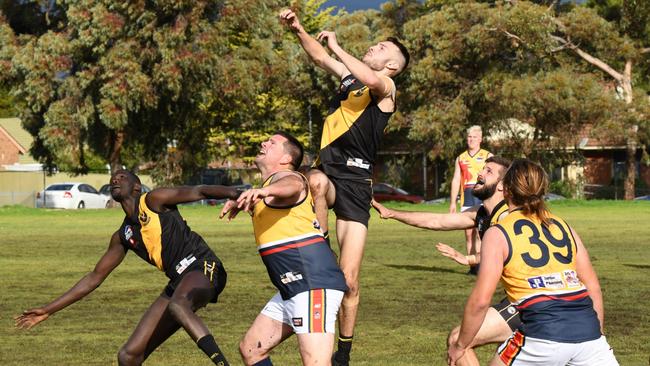 St Paul’s Old Scholars star Anthony Alesiani goes up for a mark during the round one division six Adelaide Footy League clash against Trinity Old Scholars. Alesiani starred for his side during the preliminary final on Saturday. Picture: Hannah Rex, On the Ball Media