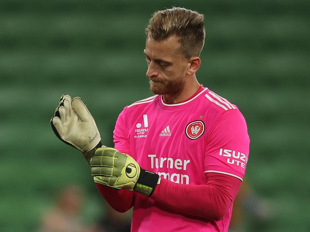 Wanderers goalkeeper Lawrence Thomas had a tough night at the office in Melbourne City’s 7-0 drubbing. Picture: Getty Images