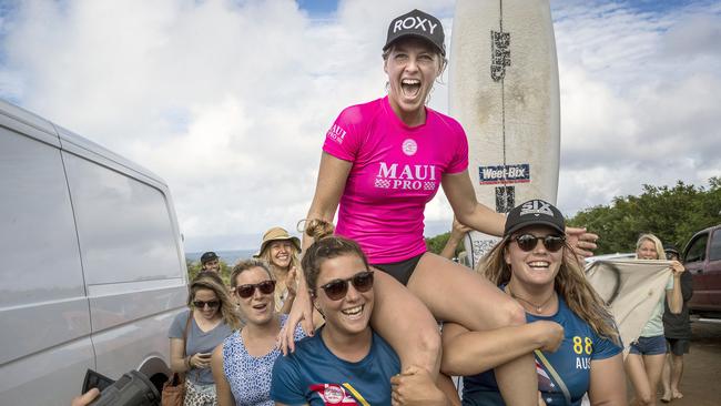 Stephanie Gilmore celebrates her win at the Maui Women's Pro. Picture: AAP