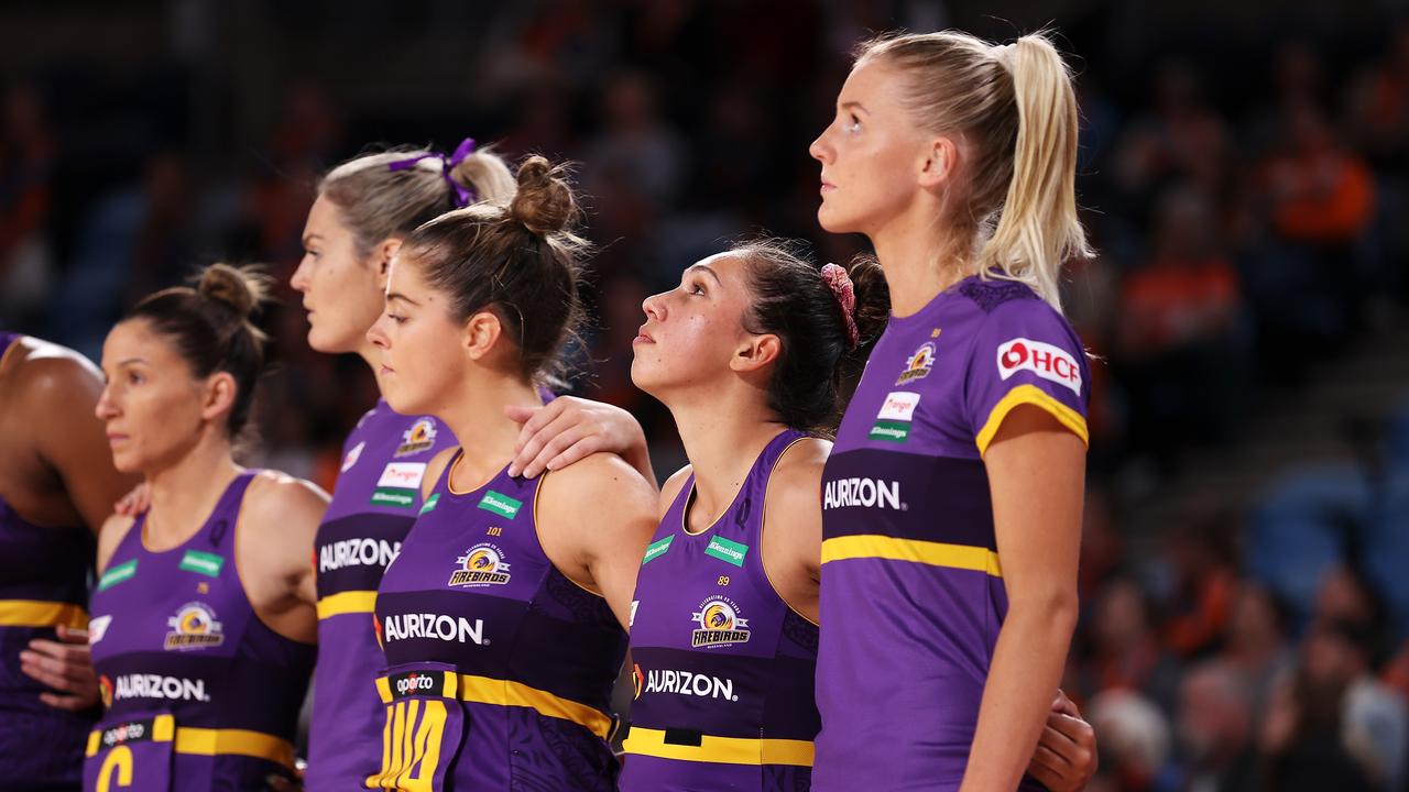 Jemma Mi Mi of the Firebirds and her team watch on during the welcome to country before the round three Super Netball match between GWS Giants and Queensland Firebirds at Ken Rosewall Arena, on May 16, 2021, in Sydney, Australia. (Photo by Mark Kolbe/Getty Images)