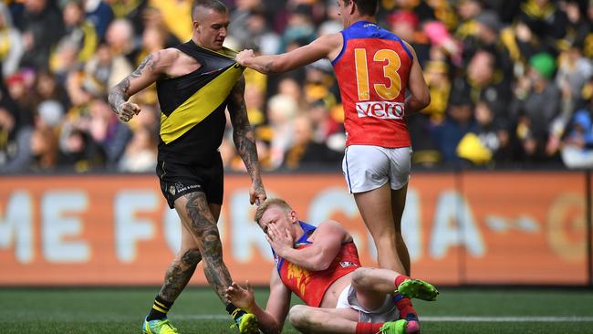 Robertson did his best to sell the hit from Martin. Picture: AAP