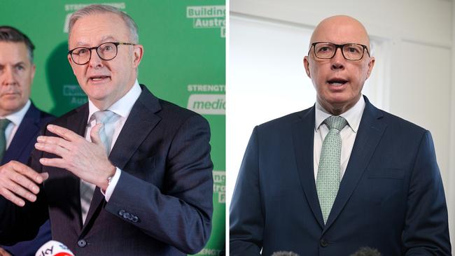 Prime Minister Anthony Albanese at a Melbourne health care centre and Opposition Leader Peter Dutton at a Brisbane medical centre on Monday. Pictures: NewsWire