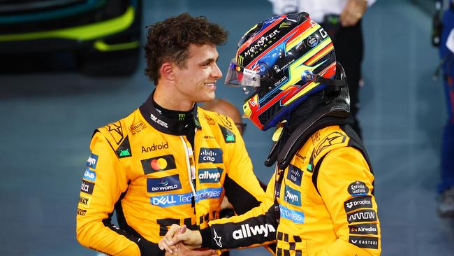 Lando Norris congratulates teammate, and Bahrain Grand Prix winner, Oscar Piastri. Picture: Getty