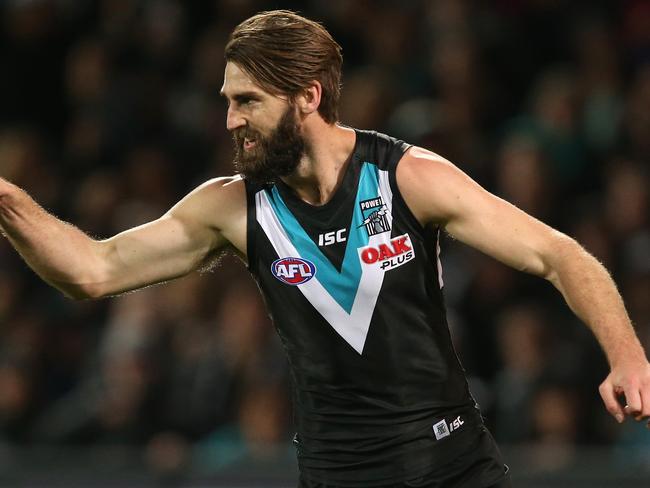 ADELAIDE, AUSTRALIA - AUGUST 26: Justin Westhoff of the Power celebrates a goal during the 2017 AFL round 23 match between the Port Adelaide Power and the Gold Coast Suns at Adelaide Oval on August 26, 2017 in Adelaide, Australia. (Photo by James Elsby/AFL Media/Getty Images)