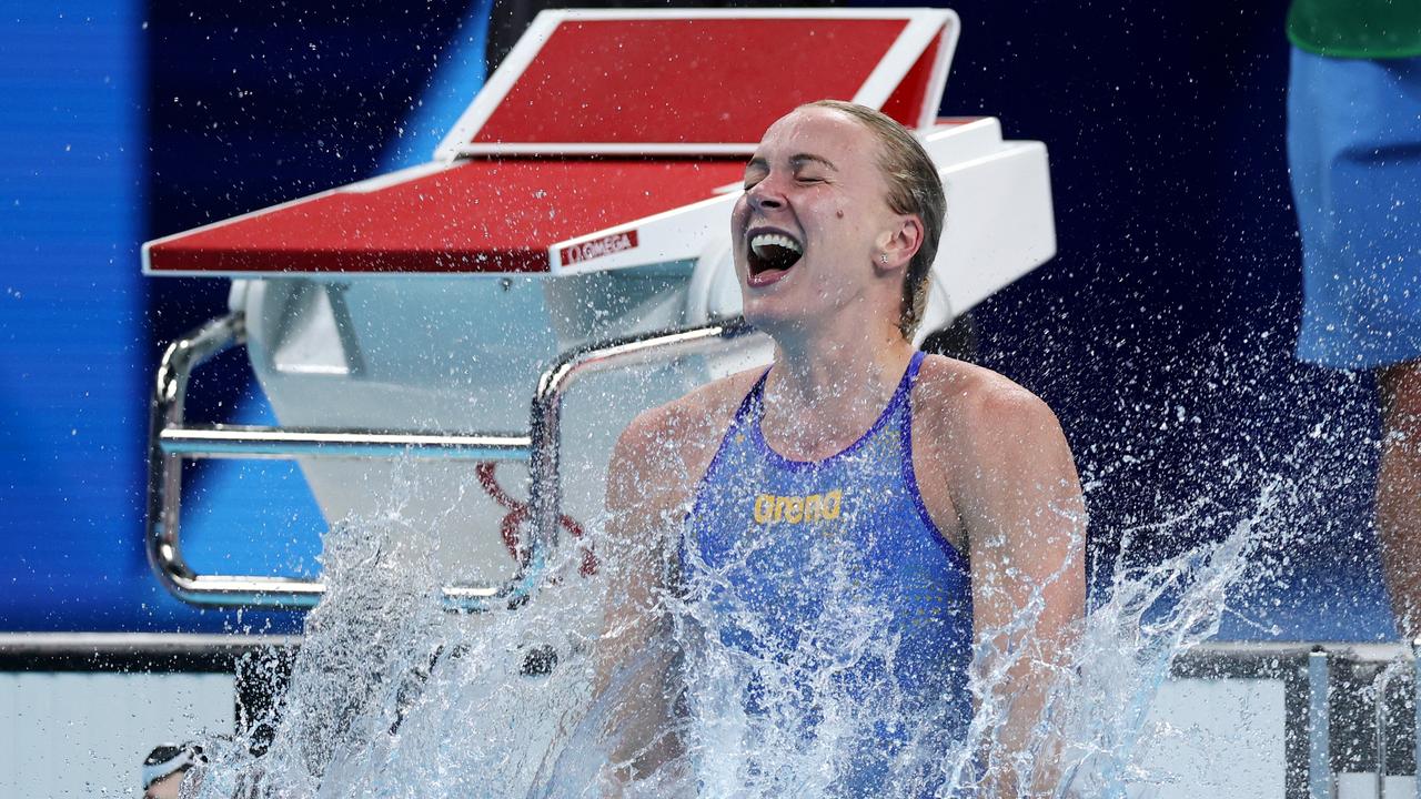 Sarah Sjoestroem of Team Sweden celebrates after winning gold in the Women's 100m Freestyle Final on day five of the Olympic Games Paris 2024 at Paris La Defense Arena on July 31, 2024 in Nanterre, France. (Photo by Quinn Rooney/Getty Images)