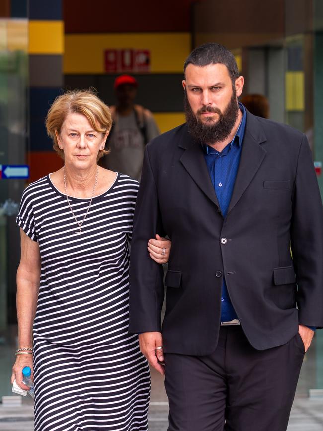 Barbara Spriggs and son Clive leave the royal commission in Adelaide in February. Picture: AAP