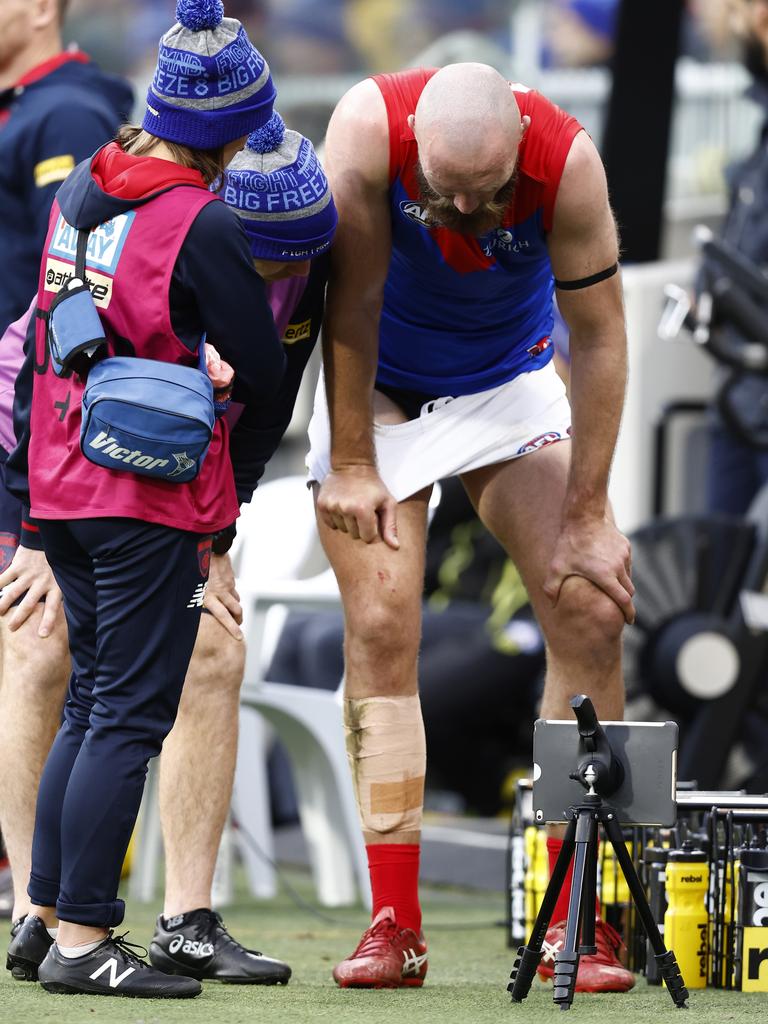 Max Gawn is set for an extended sideline stint after incurring an injury against Collingwood. Picture: Darrian Traynor/Getty Images
