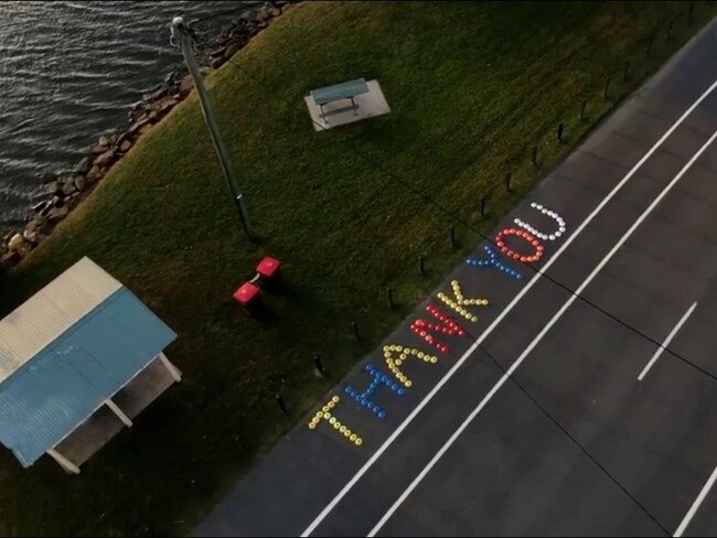 North Tumbulgum resident Jackson Kilpatrick, a drone pilot, captured the community's "Clap Your Hands and Cheer For Tumbulgum's Heroes" project.  Photo: Jackson Kilpatrick