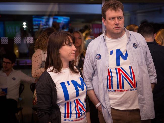 Supporters of the 'Stronger In' Campaign react as results of the EU referendum are announced at a results party at the Royal Festival Hall in London. Picture:  AFP PHOTO / POOL / ROB STOTHARD