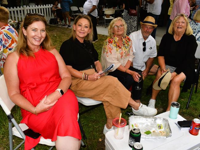 Shelley Kleeven, Kaylene Fusinato, Liz Petch, David Fusinato and Debra Orr at the Alex Scott &amp; Staff Woolamai Cup on Saturday, February 8, 2025. Picture: Jack Colantuono