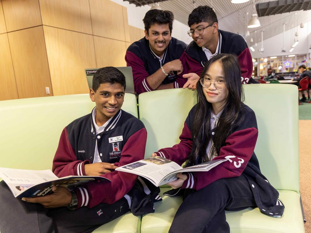 The Heights School Year 12 students Yashwanth Gunasheelan, Vatsal Thakkar, Alex Benny and Bang Ong say “passionate” teachers help them achieve top academic results. Picture: Kelly Barnes