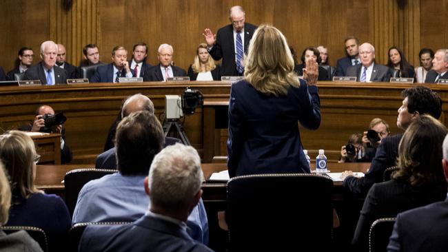 Christine Blasey Ford is sworn in before her Senate testimony. Picture: AP