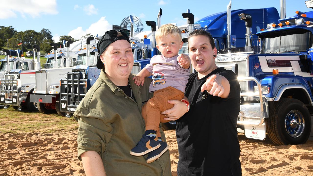 Jamie Gourlay and her nephew Mason Gourlay with Monique Barber. Meatstock Festival at the Toowoomba show grounds. April 2022