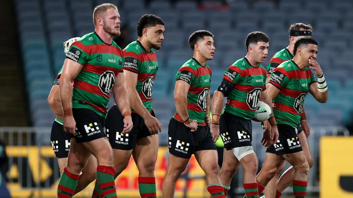 SYDNEY, AUSTRALIA - APRIL 13: Rabbitohs players react after conceding a try during the round six NRL match between South Sydney Rabbitohs and Cronulla Sharks at Accor Stadium, on April 13, 2024, in Sydney, Australia. (Photo by Brendon Thorne/Getty Images)