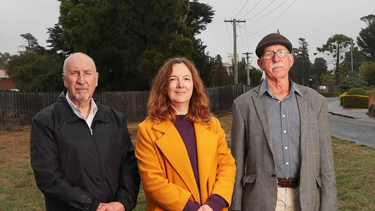 Wayne Flanagan, who works in the area, with local residents Pauline Elliott and David Kernke, concerned relation to the plan for a 24-hour McDonald's drive through on the corner of Main Road and Lady Clark Ave in Claremont. Picture: Nikki Davis-Jones