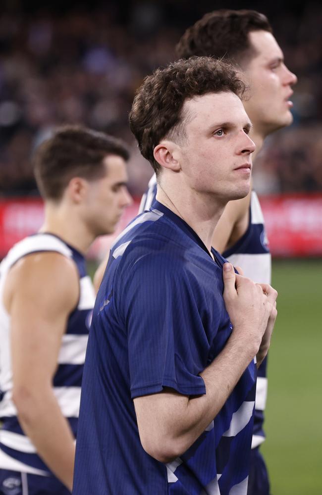 A dejected Max Holmes leaves the MCG on Saturday. Picture: Darrian Traynor/AFL Photos/via Getty Images.