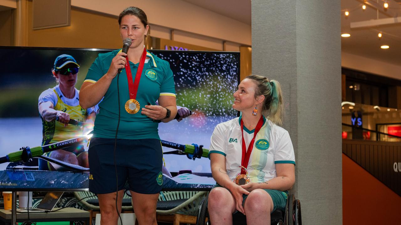 Nikki Ayers Para-rowing (Dual Paralympian and Paris Gold medallist) with Shae Graham Wheelchair Rugby (Dual Paralympian and Paris Bronze medallist) at the Olympic and Paralympic teams Welcome Home Celebrations at Casuarina shopping centre, Darwin, Oct 2024. Picture: Pema Tamang Pakhrin