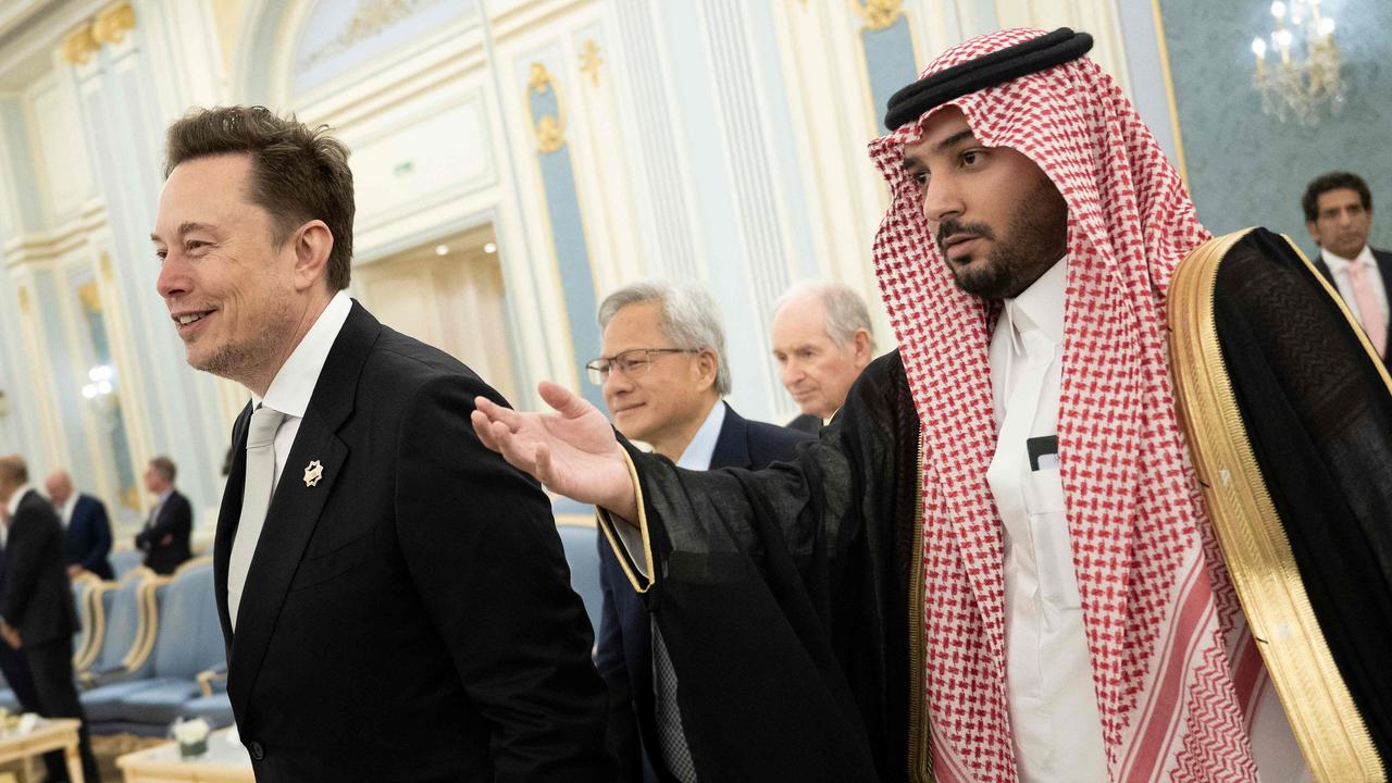 Senior Adviser to the US President Elon Musk and Nvidia CEO Jensen Huang are directed to greet the Saudi Crown Prince at the Royal Court in Riyadh. Picture: AFP