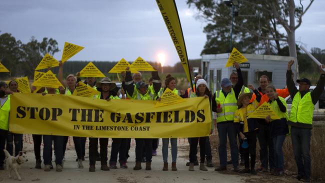 Limestone Coast Protection Alliance pictured when production testing was undertaken at Beach Energy's Haselgrove-3 conventional gas well, south of Penola in 2018. Picture: Limestone Coast Protection Alliance