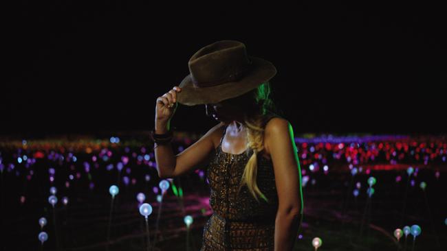 Kylie Minogue in the Field of Light, Uluru, Northern Territory. Pic: Tourism Australia