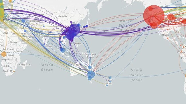 The different colours shows the different strains of coronavirus entering Australia. Picture: Nextstrain.org