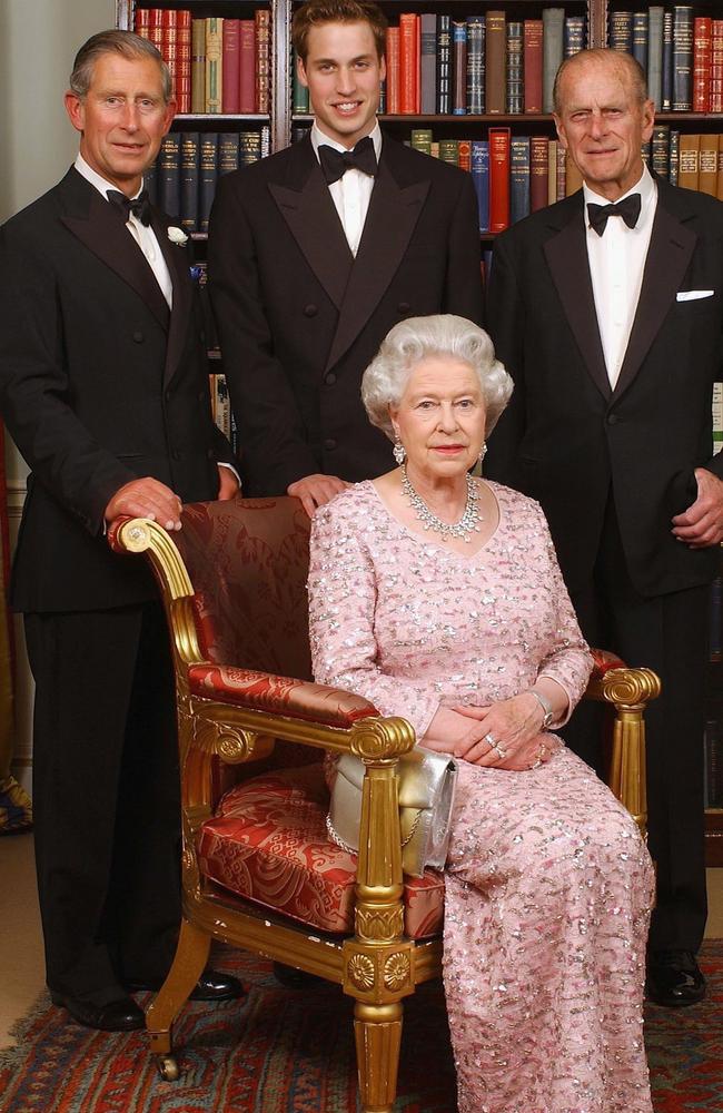 2003: Three generations of the British royal family – Queen Elizabeth II sits in front of the Prince of Wales, Prince William and the Duke of Edinburgh as they pose at Clarence House before a dinner to mark the 50th anniversary of the Queen’s coronation on June 2, 2003. Picture: Anwar Hussein/Getty Images