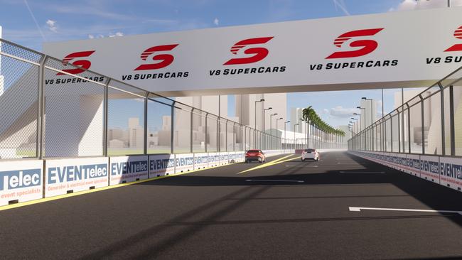 Artist impressions by EventElec of what a night race would look like for the Gold Coast on the Surfers Paradise circuit at GC500. Picture: Supplied