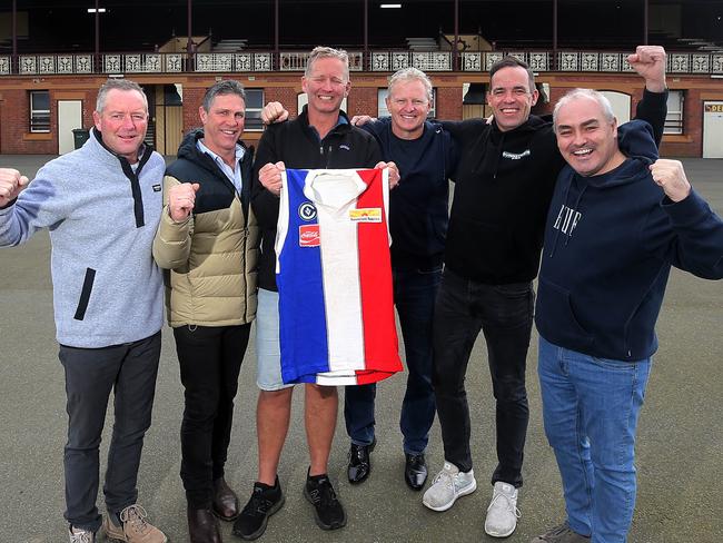 L-R: Scott O'Donohue, Terry Simpson, Matt Steven , Tony Evans, Jim O'Connell, they played for East Ballarat in Grand Final, 1993 at City Oval, Ballarat, Picture  Yuri Kouzmin