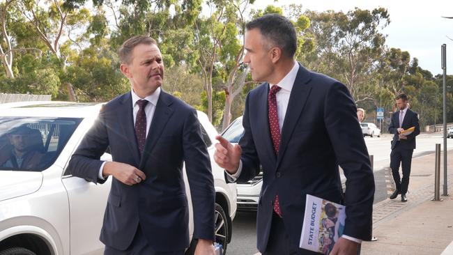 South Australia Treasurer Stephen Mullighan and Premier Peter Malinauskas arriving for Budget lockup on Thursday. Picture: NewsWire / Dean Martin