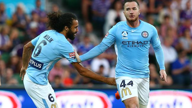 Ross McCormack celebrates scoring for Melbourne City in their 2-0 win over Perth Glory.