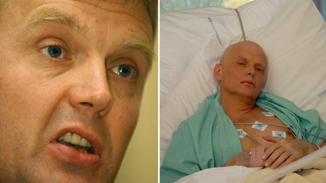 A combination image shows former Russian spy Alexander Litvinenko at a press conference in London in 2004, left, and then pictured at a London hospital in 2006, right, after being poisoned. Picture: News Corp