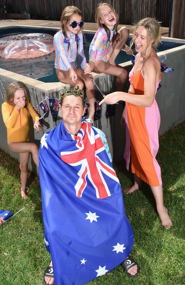 Tree Burgess, 35, husband Josh, 38, daughters Eva, 10, Olive, 8 and Indi, 7, get ready to celebrate Australia Day. Picture: Nicki Connolly