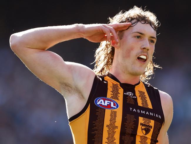 MELBOURNE, AUSTRALIA - AUGUST 11: Josh Weddle of the Hawks celebrates a goal during the 2024 AFL Round 22 match between the Carlton Blues and the Hawthorn Hawks at The Melbourne Cricket Ground on August 11, 2024 in Melbourne, Australia. (Photo by Michael Willson/AFL Photos via Getty Images)