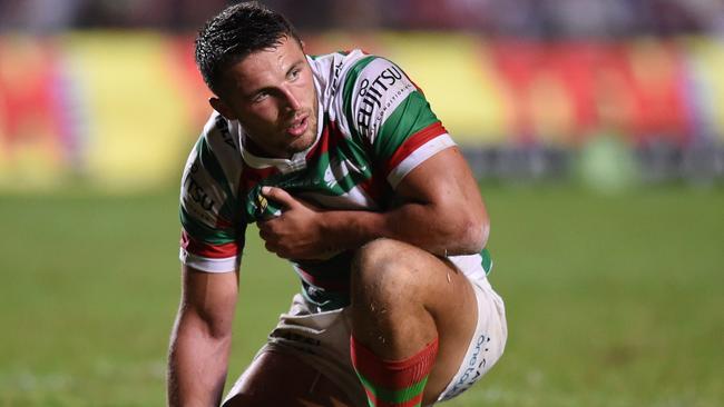 Sam Burgess of the Rabbitohs rests on the field during the round 5 NRL match between the Manly Sea Eagles and the South Sydney Rabbitohs at Brookvale Oval in Sydney on Thursday, March 31, 2016. (AAP Image/Paul Miller) NO ARCHIVING, EDITORIAL USE ONLY